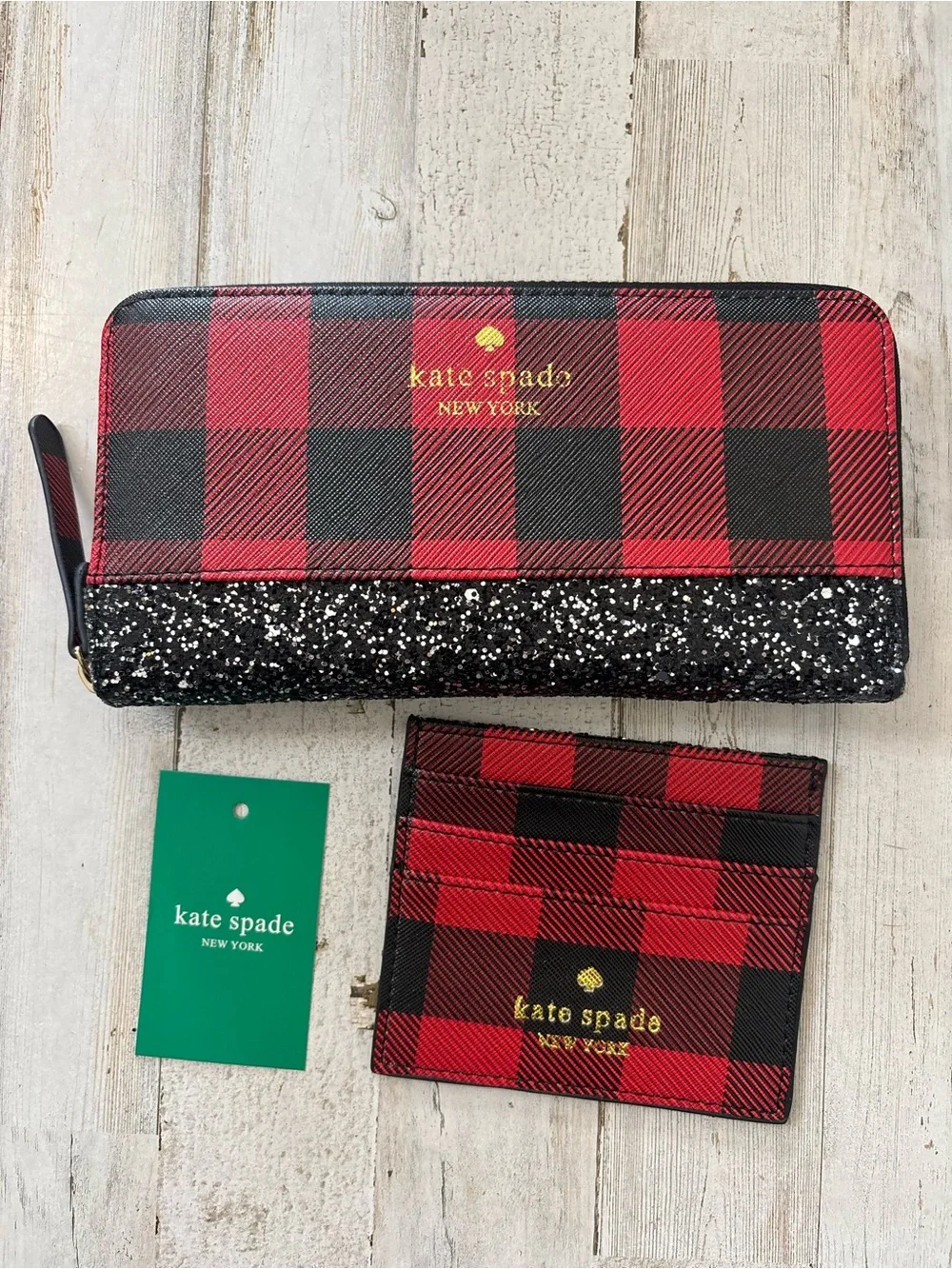 Kate Spade Glitter Greta Court Zip Continental Wallet & Cardholder Buffalo Plaid